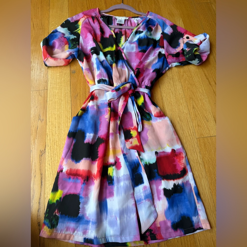 Maggy London Multicolor Abstract Wrap Mini vacation Dress